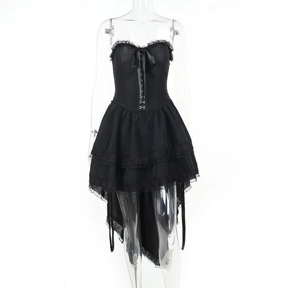 Layered Gothic Mini Dress with Mesh Sleeves and Alternative Fashion Details