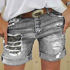 Women's Distressed Denim Style Rolled Hem Shorts with Relaxed Casual Streetwear Silhouette