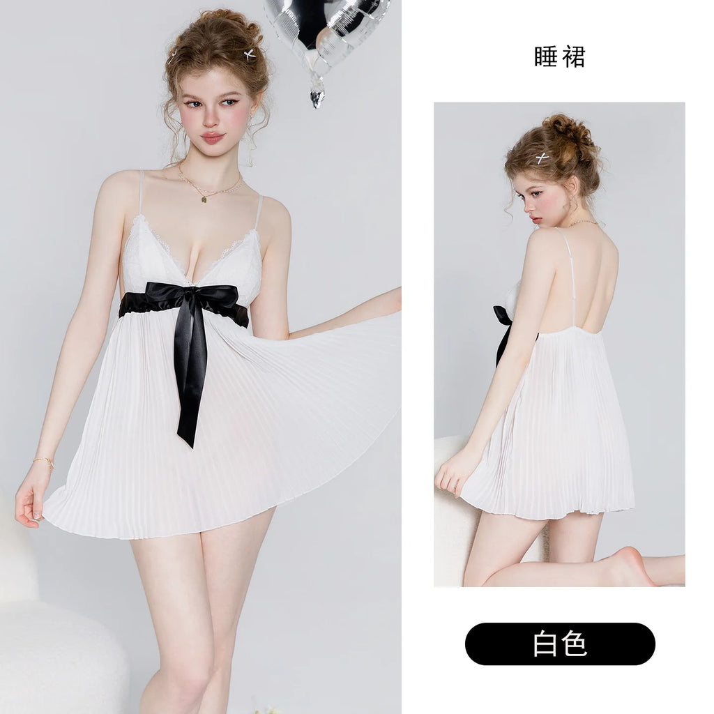 Dusty Rose Pleated Babydoll Nightdress with Satin Bow and Plunging Neckline