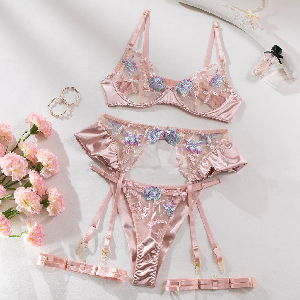 Romantic Blush Pink Satin-Finish Lingerie Set with Blue Floral Appliqués