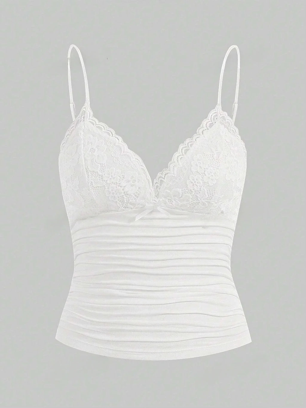 Lace Trim Bow Front Crop Cami with Ruched Slim Fit Streetwear Style