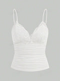 Lace Trim Bow Front Crop Cami with Ruched Slim Fit Streetwear Style