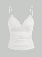 Lace Trim Bow Front Crop Cami with Ruched Slim Fit Streetwear Style