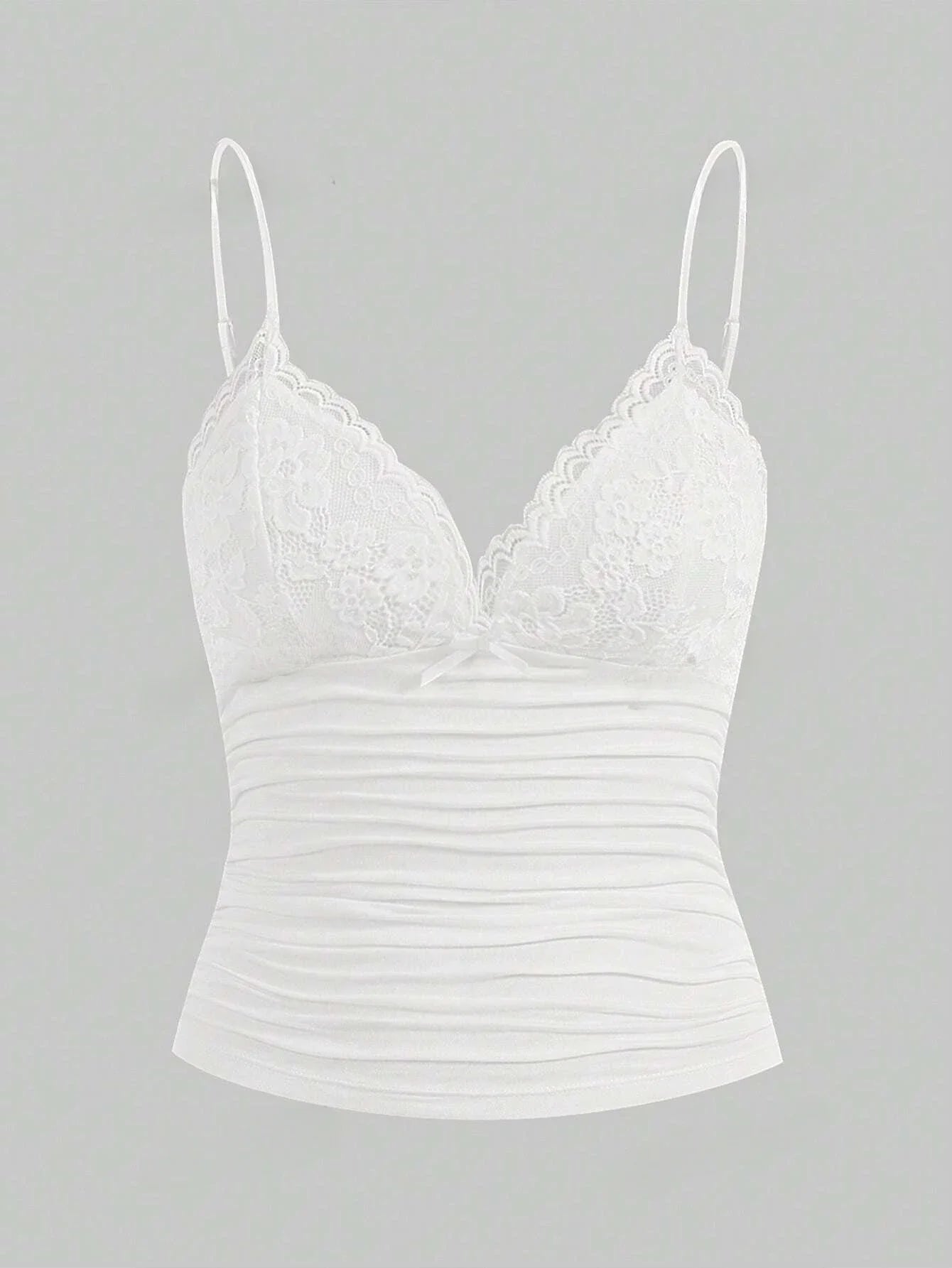 Lace Trim Bow Front Crop Cami with Ruched Slim Fit Streetwear Style