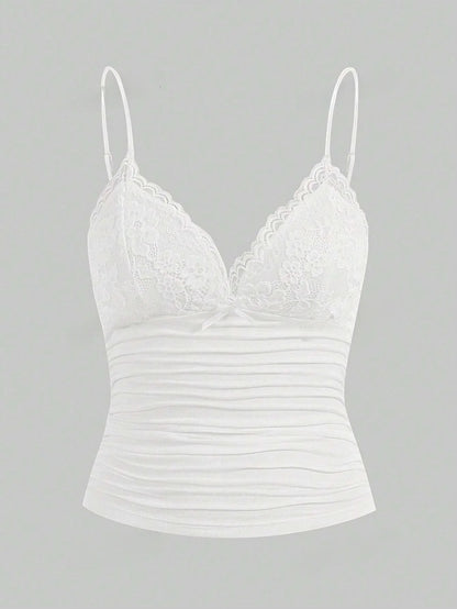 Lace Trim Bow Front Crop Cami with Ruched Slim Fit Streetwear Style
