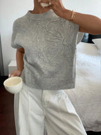 Women's Floral Crew Neck Knit Sweater with Relaxed Summer Short Sleeves