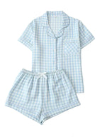 Women's Plaid Short Sleeve Pajama Shorts Co-Ord Set Lightweight Sleepwear