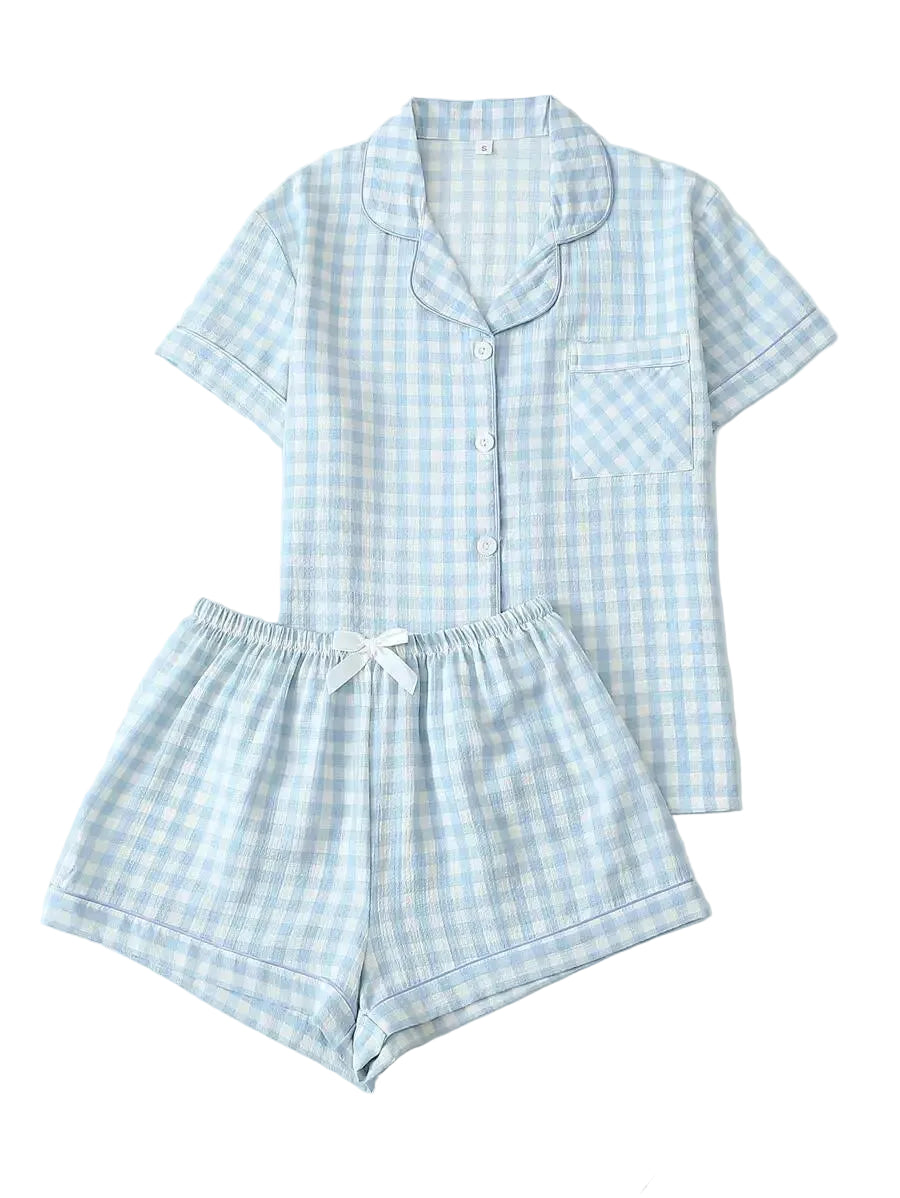 Women's Plaid Short Sleeve Pajama Shorts Co-Ord Set Lightweight Sleepwear