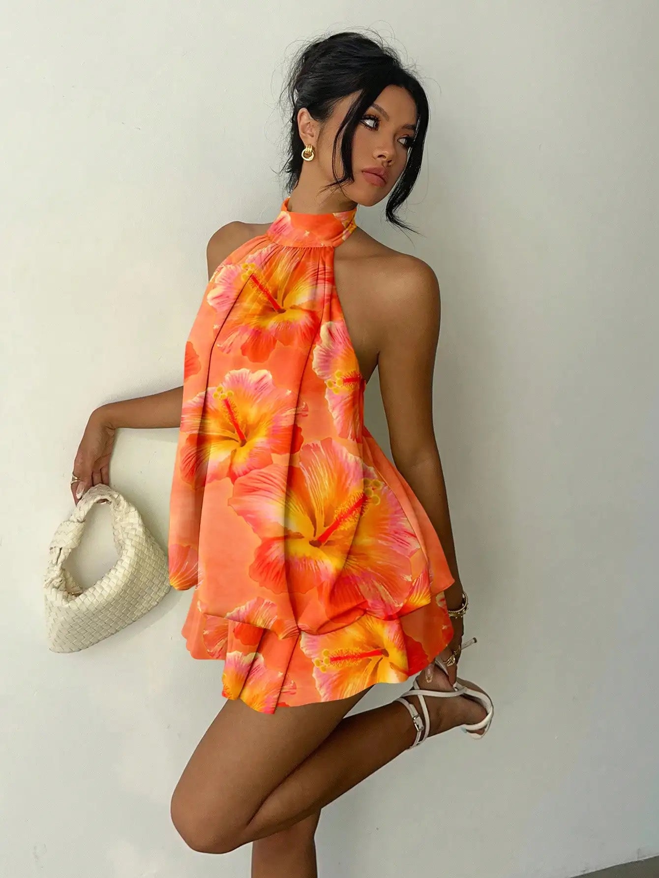Ruched Halter Neck Tiered Mini Dress With Flowy A-Line Party Silhouette