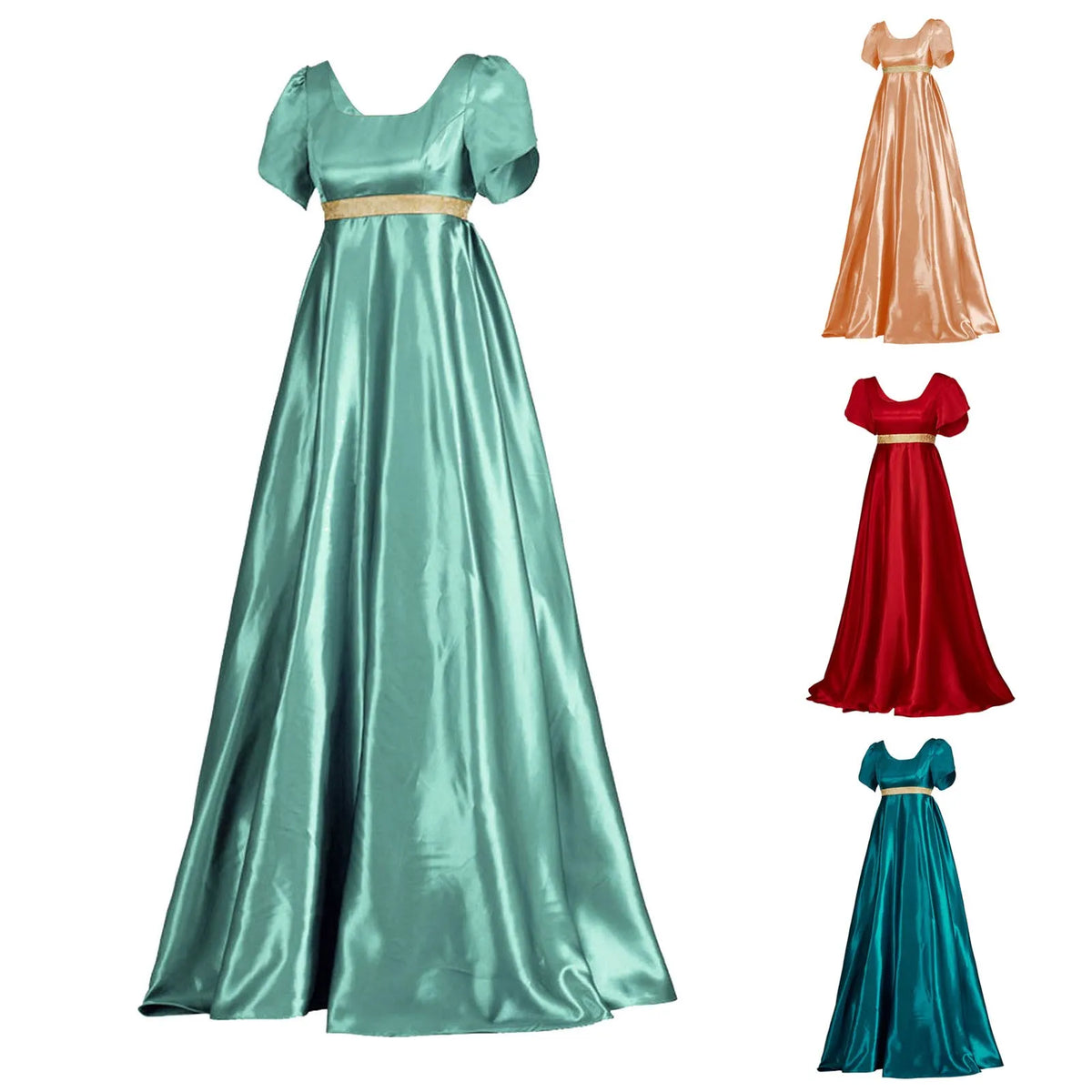 Vintage-Inspired Satin Maxi Dress with Puff Sleeves and Empire Waist