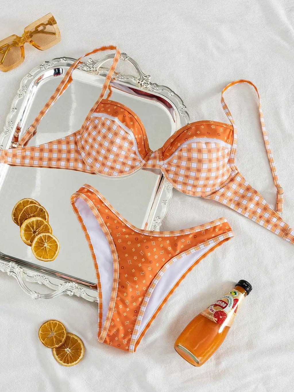 Earthy Brown Gingham Balconette Bikini Set with Scalloped Edge Detailing
