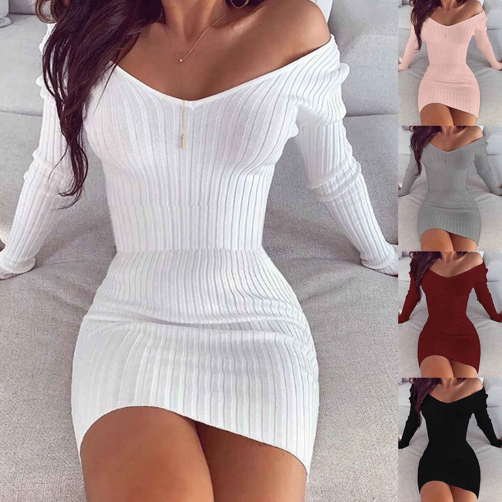 Ribbed Knit Bodycon Mini Dress with Long Sleeves and V Neckline