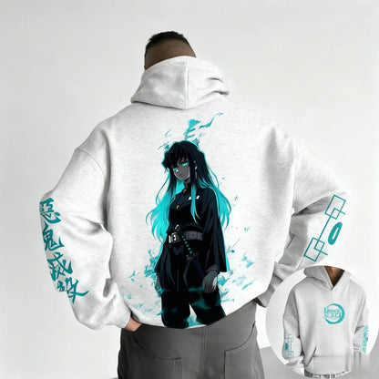 Dark Anime Cyber Streetwear Hoodie with Manga-Inspired Neon Character Artwork