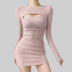 Ribbed Long Sleeve Sweater Mini Dress with Cutout Detail Contemporary Style