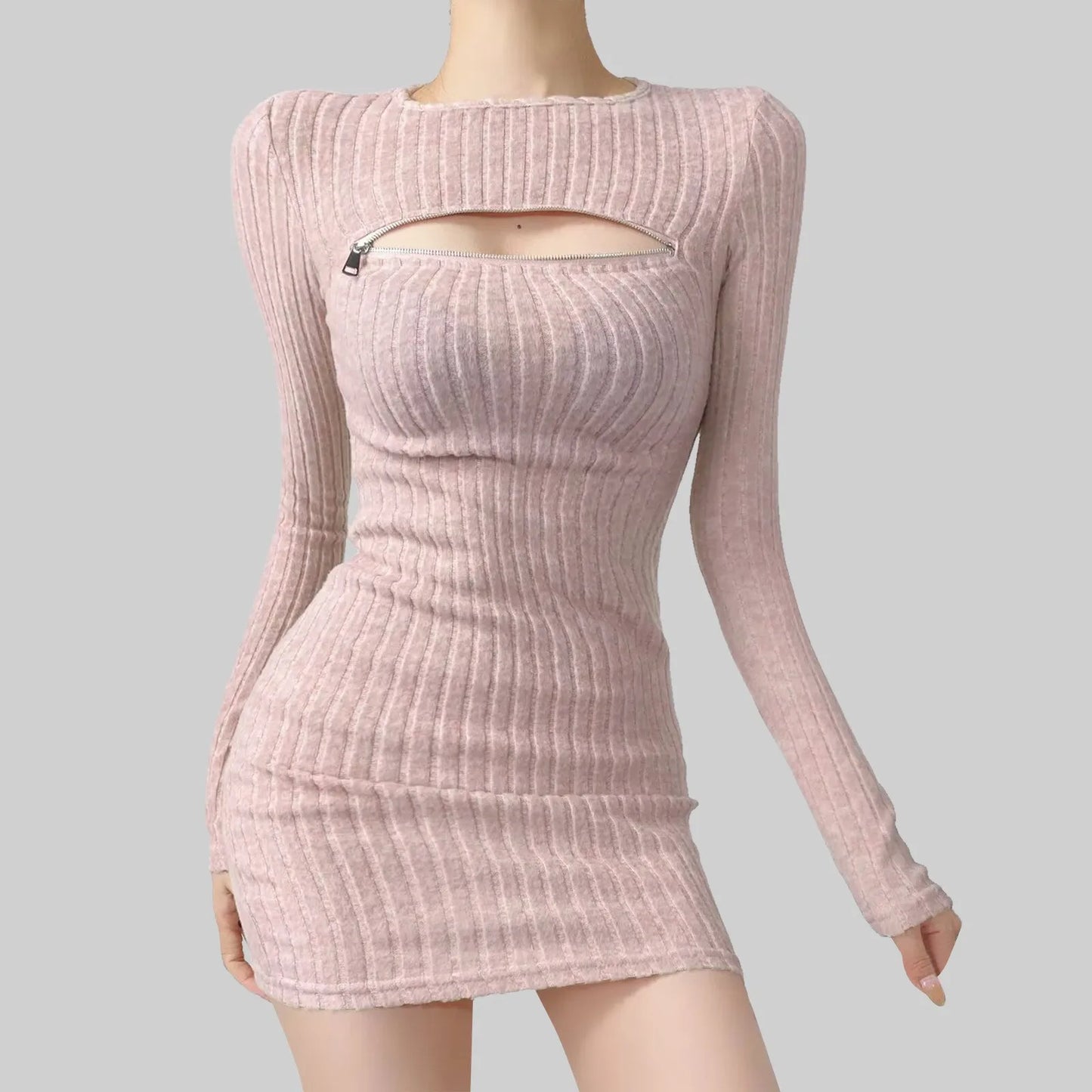 Ribbed Long Sleeve Sweater Mini Dress with Cutout Detail Contemporary Style