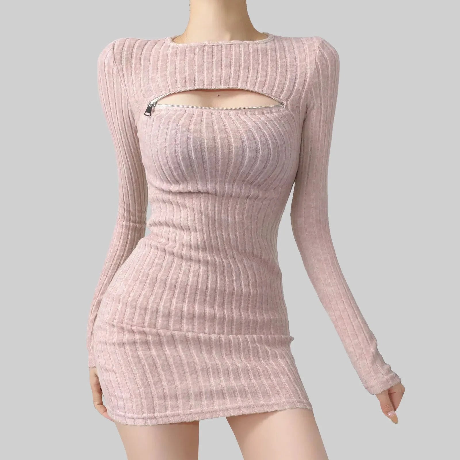 Ribbed Long Sleeve Sweater Mini Dress with Cutout Detail Contemporary Style