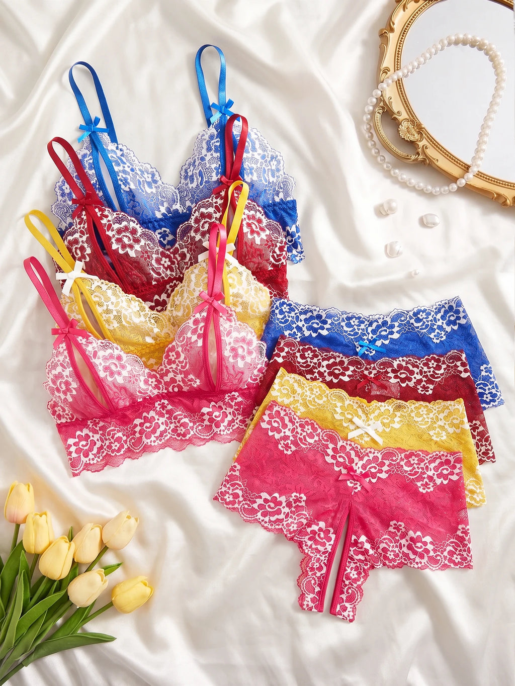 Vibrant Four-Piece Floral Lace Wire-Free Bralette and Panty Collection