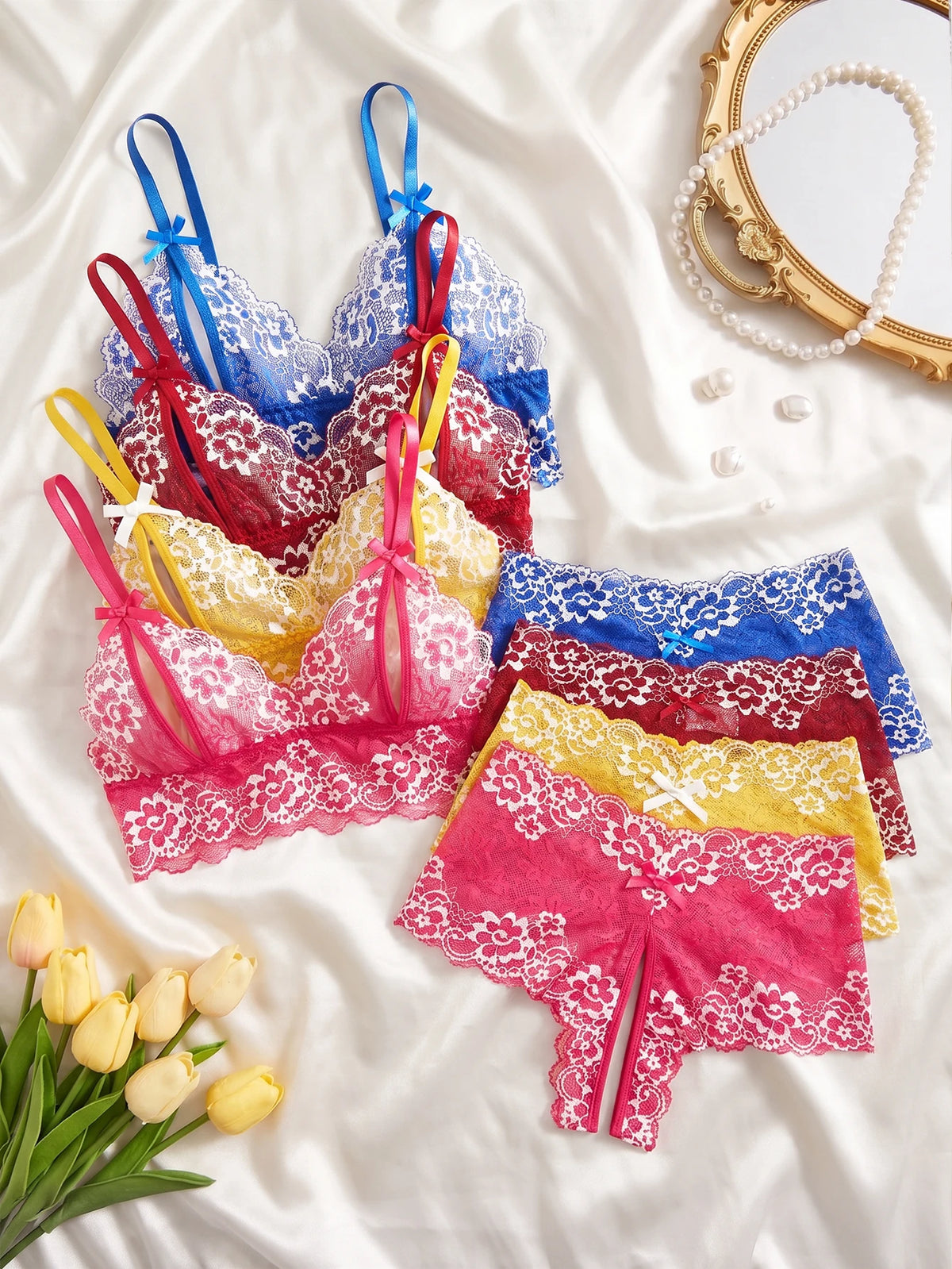 Vibrant Four-Piece Floral Lace Wire-Free Bralette and Panty Collection