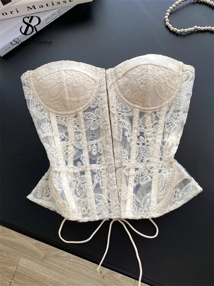 Romantic Light Pink Sheer Lace Strapless Corset with Floral Embroidery and Tie Detailing