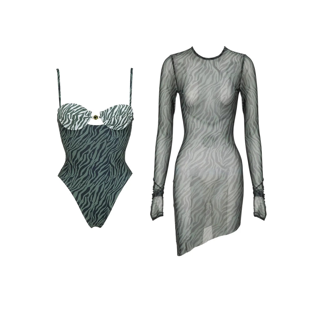 Three-Piece Zebra Print Swimwear Set with Matching Sheer Mesh Pants