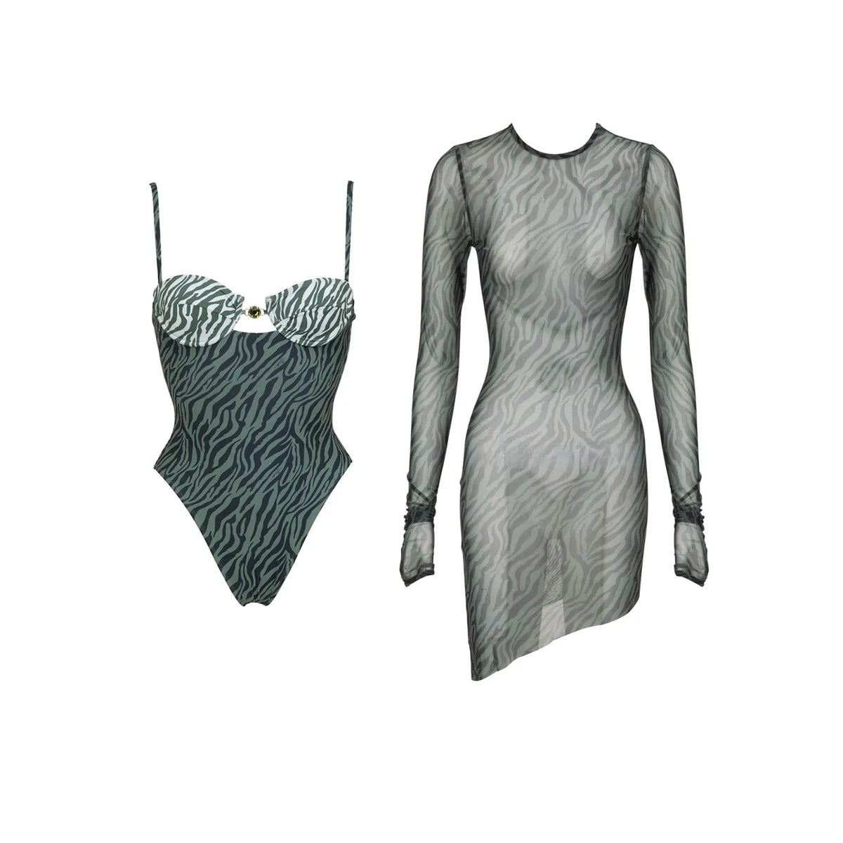Three-Piece Zebra Print Swimwear Set with Matching Sheer Mesh Pants