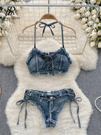 Y2K-Inspired Frayed Denim Halter Bikini Top and Lace-Up Short Set