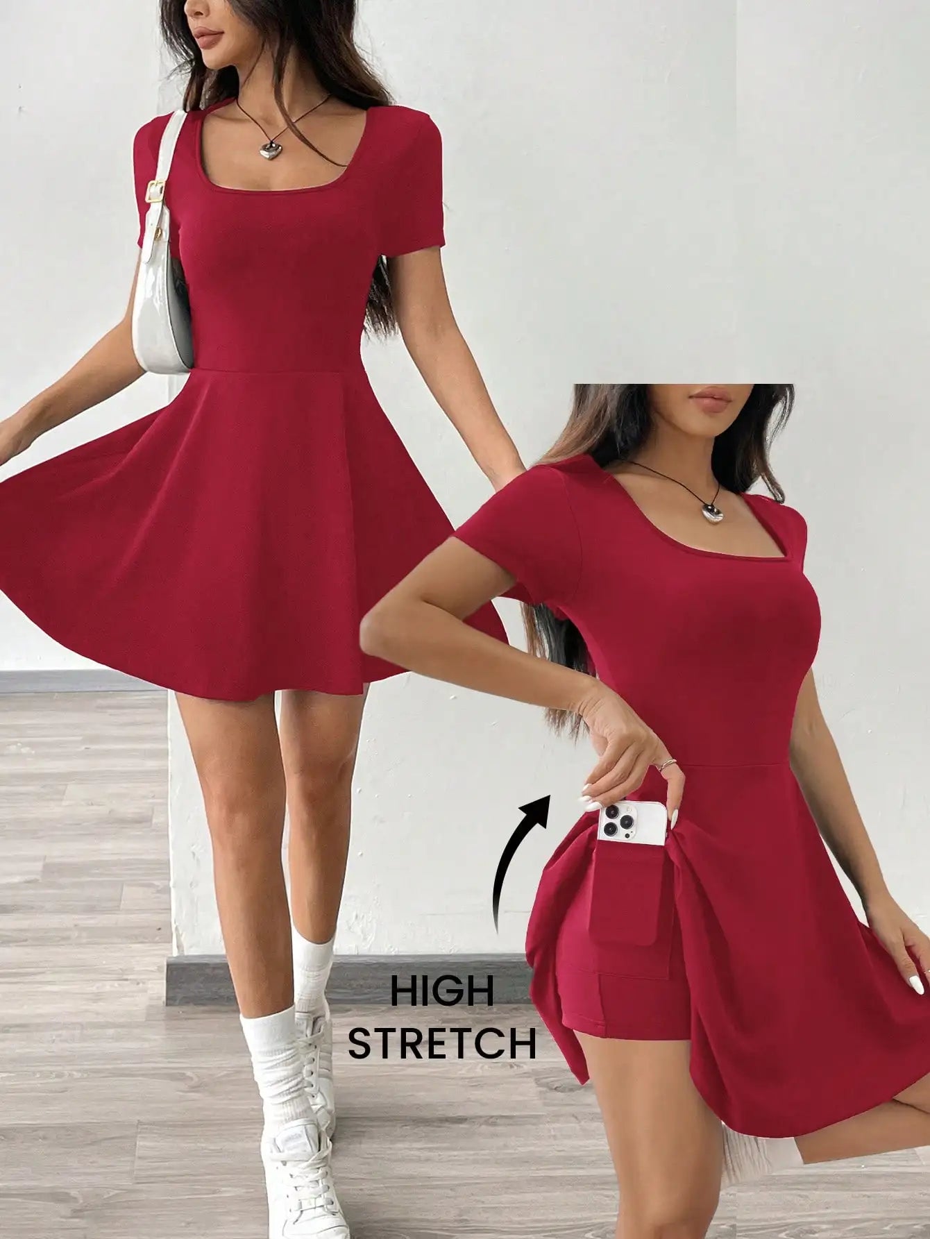 Square Neck Short Sleeve A-Line Mini Dress with Flared Skater Silhouette