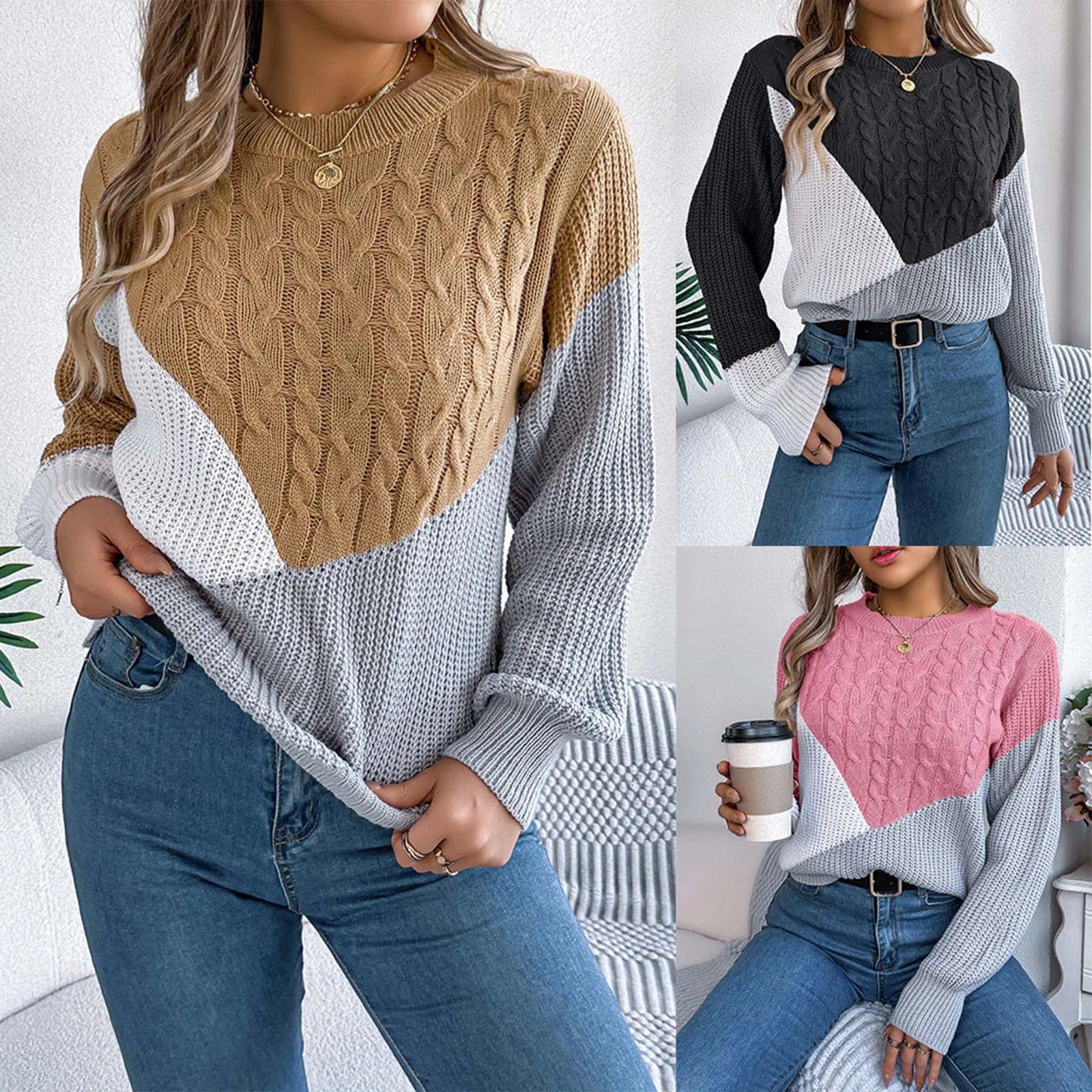 Women's Color Block Cable Knit Relaxed Fit Contemporary Sweater Pullover