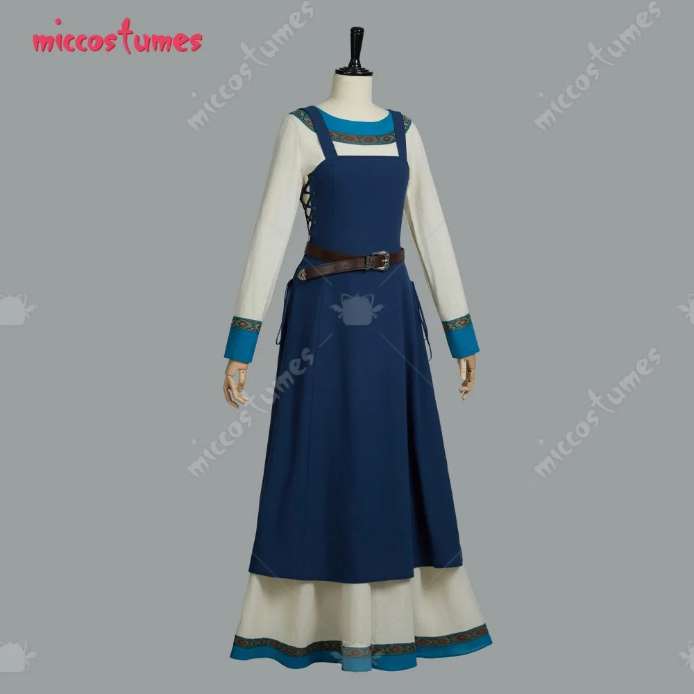 Women's Medieval Linen Blend Dress Set with Apron Layer, Belt and Long Sleeve Design