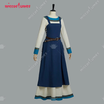 Women's Medieval Linen Blend Dress Set with Apron Layer, Belt and Long Sleeve Design