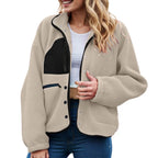 Women's Cropped Teddy Fleece Button Front Jacket Cozy Casual Everyday Layering Outerwear