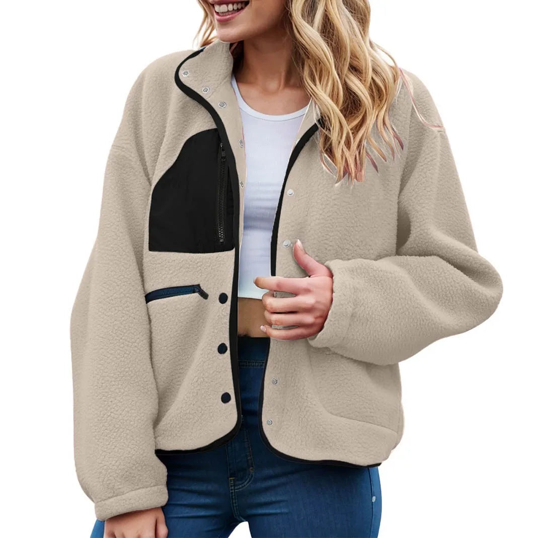 Women's Cropped Teddy Fleece Button Front Jacket Cozy Casual Everyday Layering Outerwear