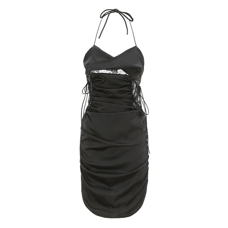 Form-Fitting Black Halter Mini Dress with Ruched Side Ties and Lace Accents