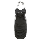 Form-Fitting Black Halter Mini Dress with Ruched Side Ties and Lace Accents
