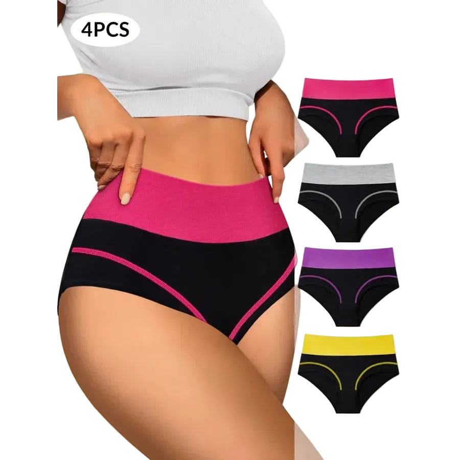 4-Piece Women’s High-Waisted Briefs Set with Contrast Waistbands, Full-Coverage Silhouette and Assorted Colors