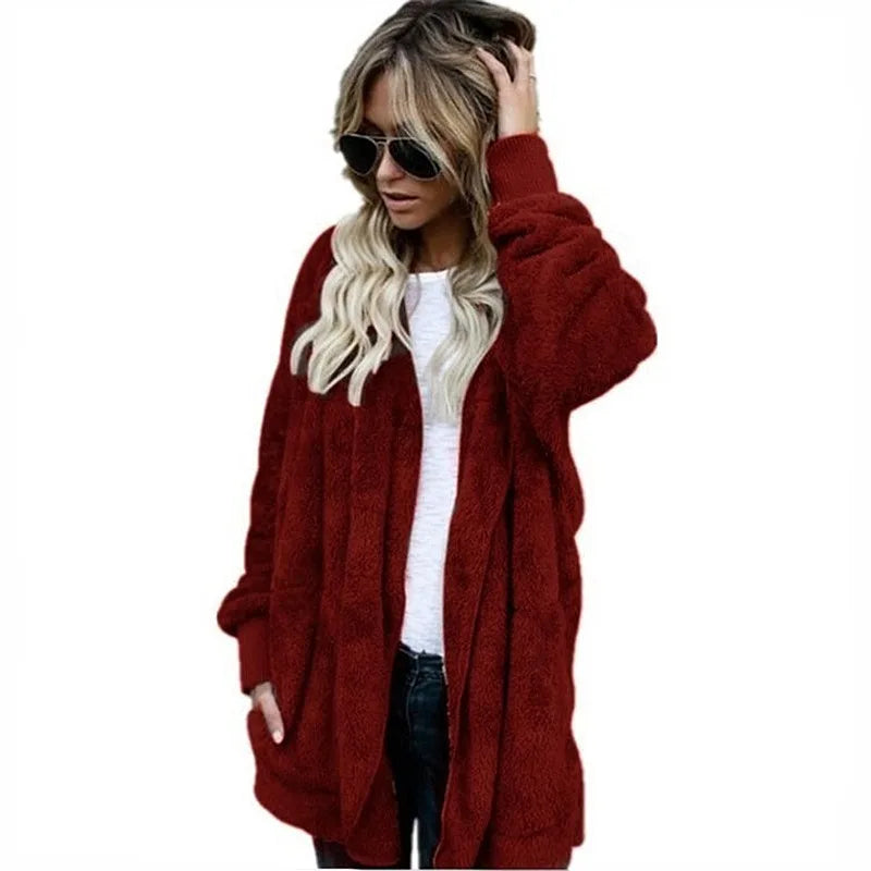 Women's Hooded Plush Fleece Cardigan Open Front Cozy Casual Layering Jacket