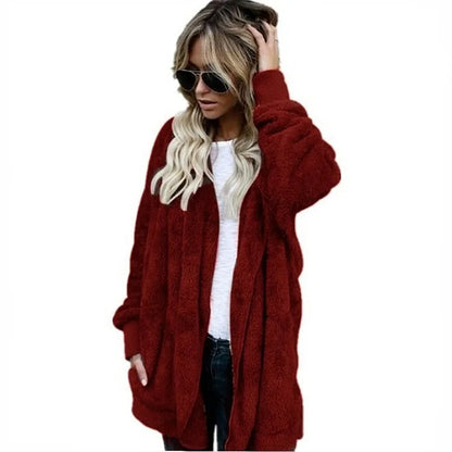 Women's Hooded Plush Fleece Cardigan Open Front Cozy Casual Layering Jacket