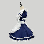 Classic Navy Blue and White Lolita Maid Dress with Ruffled Apron and Puff Sleeves