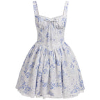 Romantic Blue Floral Corset-Style Mini Dress with Delicate Lace Trim and Tie-Front Bodice