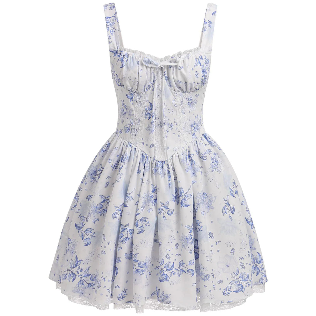 Romantic Blue Floral Corset-Style Mini Dress with Delicate Lace Trim and Tie-Front Bodice