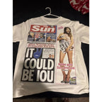 Oversized Newspaper Collage Graphic Cotton T-Shirt with Y2K Streetwear Styling