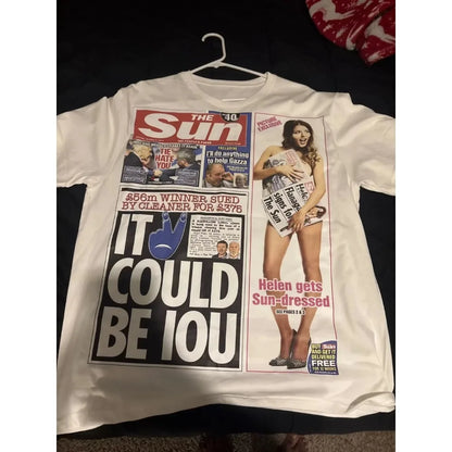 Oversized Newspaper Collage Graphic Cotton T-Shirt with Y2K Streetwear Styling