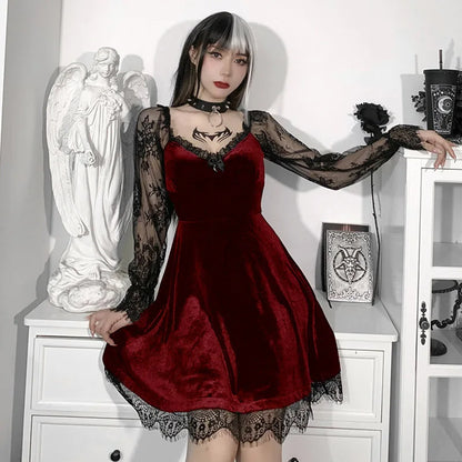 Velvet Gothic Skater Dress with Lace Sleeves and Dark Romantic Style