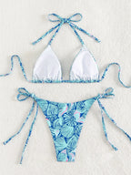Vibrant Blue Tropical Print Triangle String Bikini