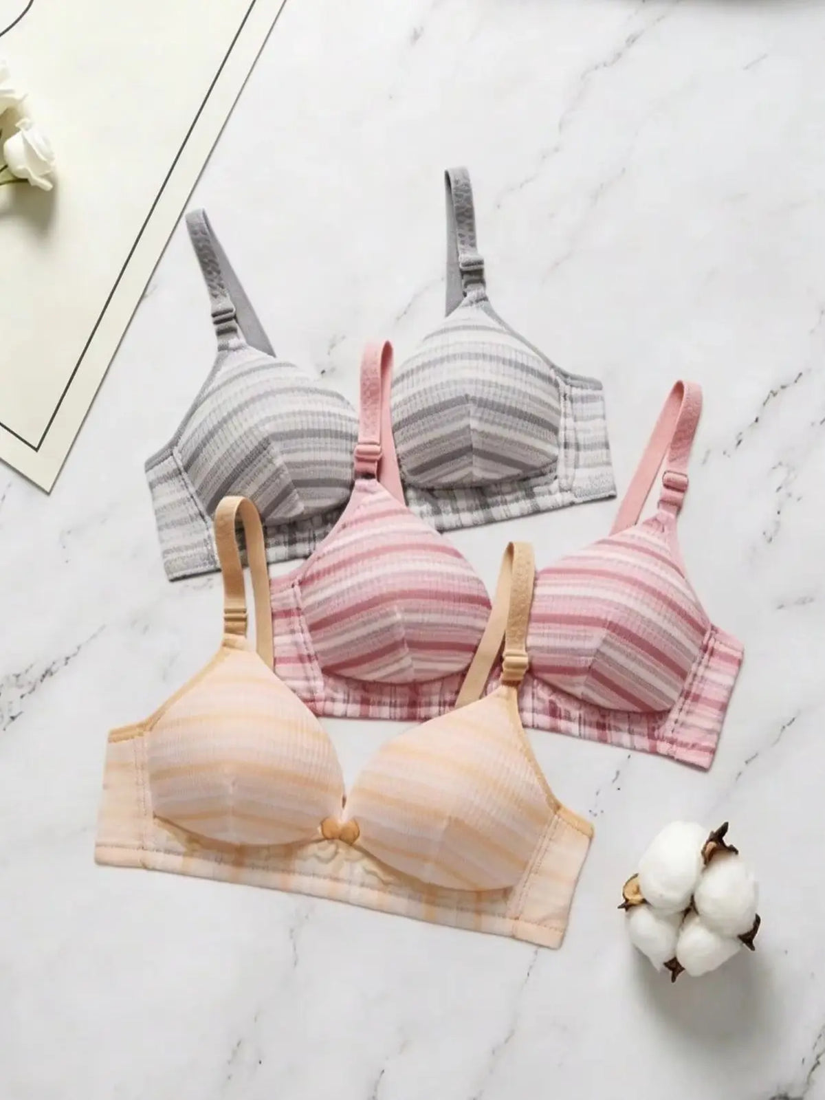 Three-Piece Striped Wire-Free Maternity and Nursing Bra Set