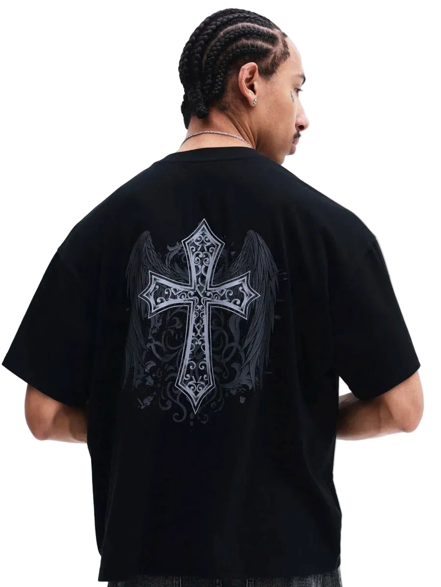Oversized Gothic Cross Streetwear Tee With Anime-Inspired Dark Aesthetic