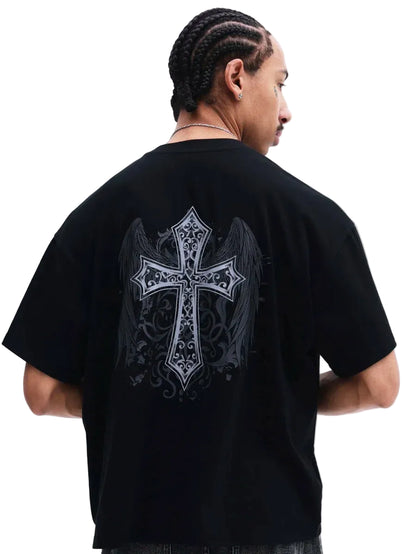 Oversized Gothic Cross Streetwear Tee With Anime-Inspired Dark Aesthetic