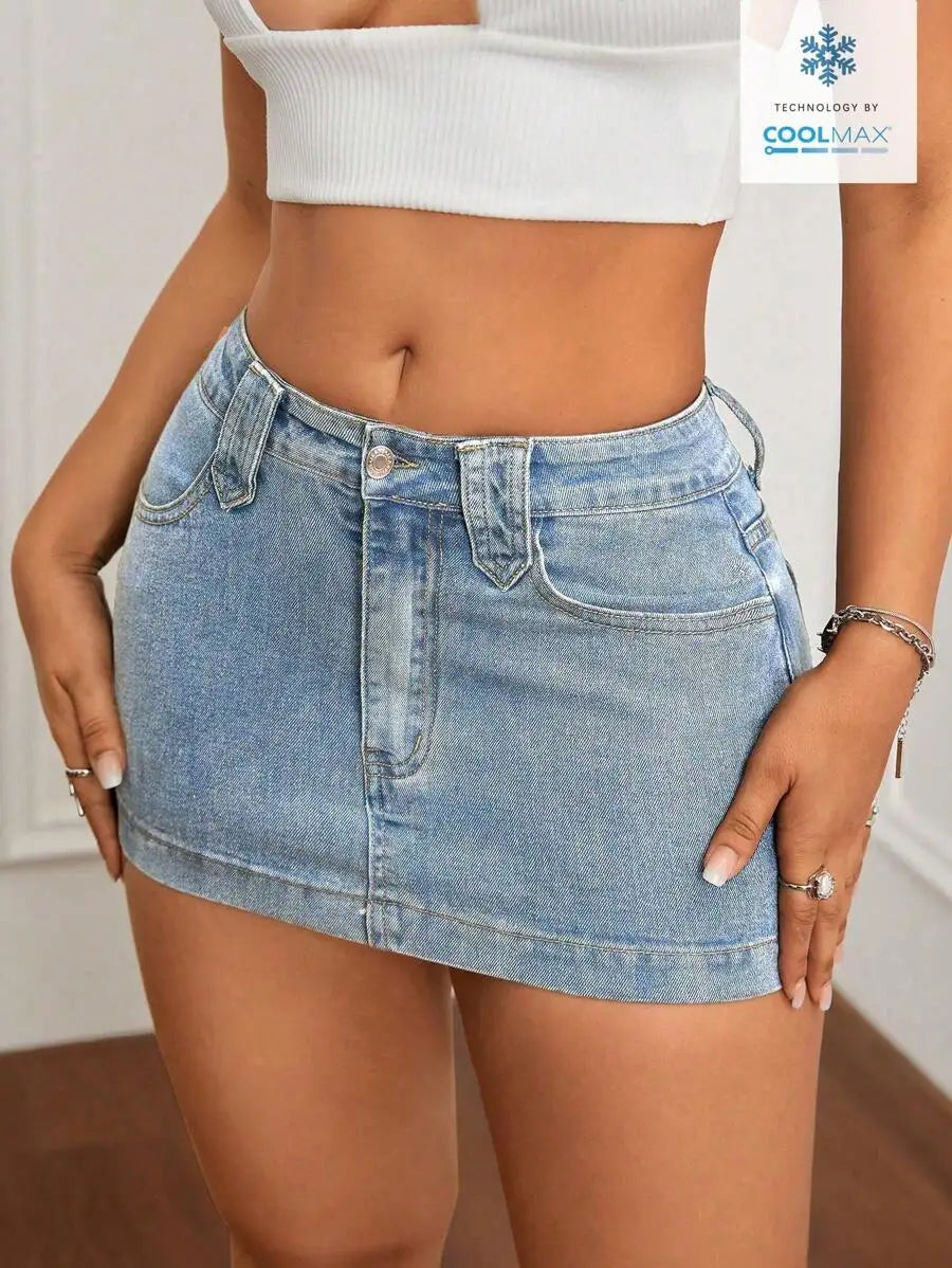 Washed Denim Bodycon Mini Skirt with Front Pockets and Slim Fit