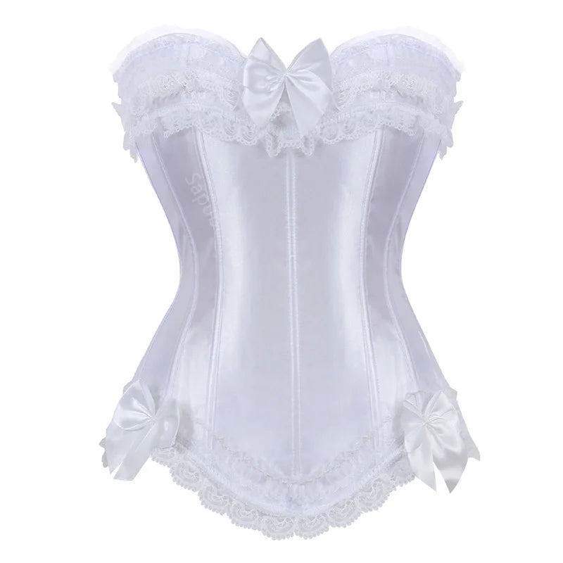 Luminous White Satin Overbust Corset with Ruffled Lace Trim and Bow Detailing