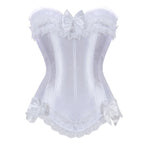 Luminous White Satin Overbust Corset with Ruffled Lace Trim and Bow Detailing